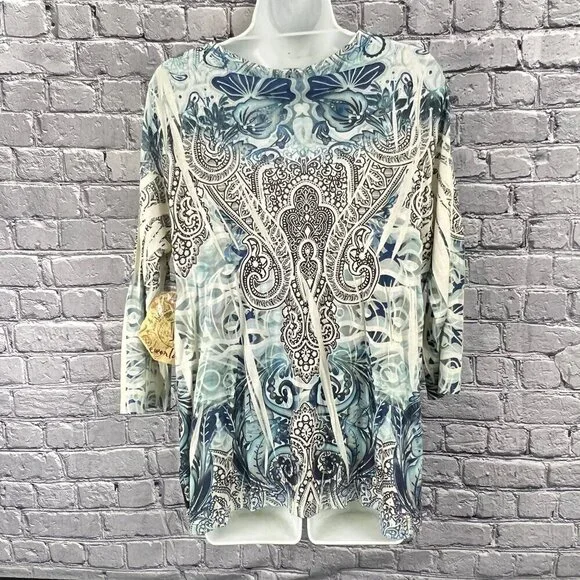 One World Womens V-Neck Lace Trim Tunic Top PXL Blue & Cream Paisley - Picture 7 of 10